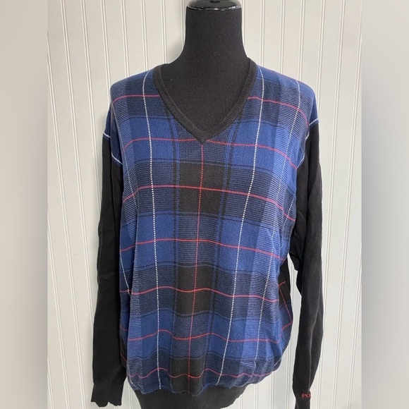 Polo Golf Ralph Lauren V Neck Sweater Size Large 100% Cotton Black Blue Preppy - Picture 4 of 14